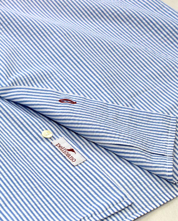Cuban Collar Seer Sucker Shirt in Blue & White Stripes - Pellicano Menswear